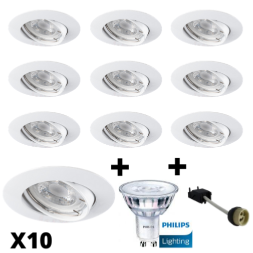 10 focos empotrables LED GU10 blancos equipados con LED Philips 2700K regulable