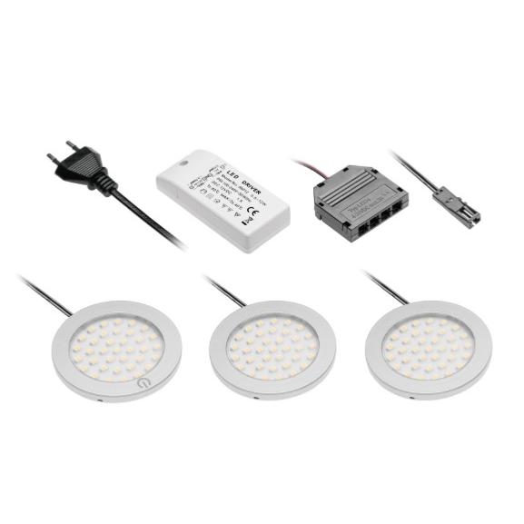 Set de 3 spots LED plates - Encastrable, pour meuble - 2,7 W, 12 V / CC -  Blanc chaud 3 000 K / 200 Lm - En acier inoxydable brossé - Transformateur  LED de 15 W 230 V : : Luminaires et Éclairage