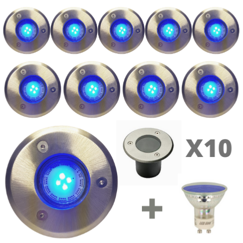 10 X Spot LED bleue exterieur Encastrable Acier Rond Inox 304