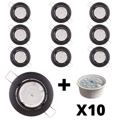10 Spots Led encastrables extra plats dimmables noirs mat équipés LED 5W 2700K.