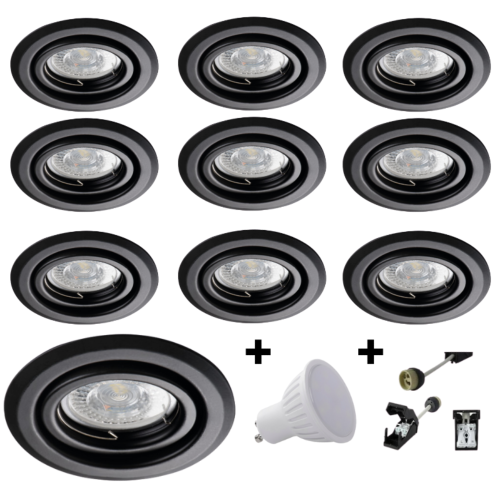 Lot 10 Spots LED 6W orientables rond Noir Blanc chaud 3000K 120°.