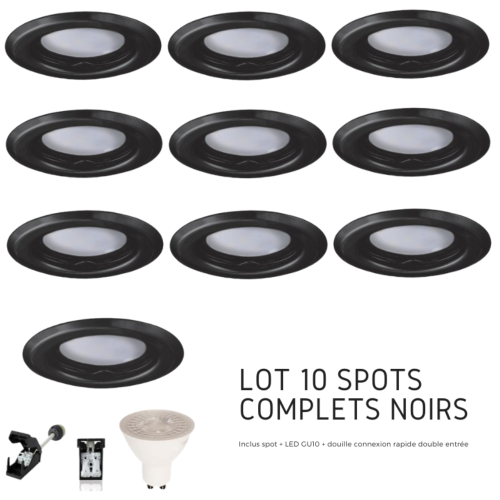 Lot 10 spots Led GU10 encastrables noirs Led 6W rendu 50W 120° blanc neutre.