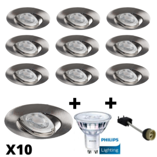 Lot 10 Spots Led GU10 Acier brossé équipés LED Philips 5W 2700K