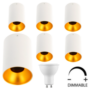 6 x Spots Led en saillie GU10 Dimmables Blanc Doré 7W = 50W 120° Blanc Chaud.